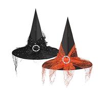 2Pack Elegant Witch Hat Women Halloween Wizard Hat with Veil Ladies Pointed Witch Headwear Fancy Dress Cosplay Party Carnival Costume Accessories