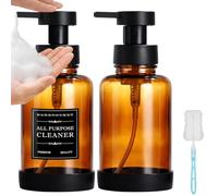 2Pack Foaming Soap Dispenser - 420ml Amber Glass Foam Soap Dispenser with Pump Hand Soap Dispenser with 12 Waterproof Labels & Non-slip Mat & Funnel for Bathroom/Kitchen