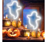 2Pack Ghost Halloween LED Neon Signs Horror Decorative Nightlamp Battery Powered Cordless Gothic Lights Halloween Indoor Scary Decorations for Bedroom Dorm Wall Window Christmas Party（White）