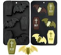 2Pack Halloween Coffin Chocolate Silicone Mold, 2 Pack Large Tombstone Bat Baking Pan Halloween Ice Cube Mold for Jelly Candy Soap Candle Cake Cupcake Decoration