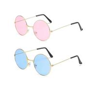 2Pack Hippy Specs Sunglasses, Metal Round Frame Classic Retro Sunglasses with Colored Flat Lens, 60's 70's Style Vintage Circle Glasses for Fancy Dress Hippie Costume Accessories Unisex Holiday Party