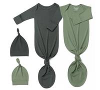 2Pk Newborn Baby Knotted Gown, Super Soft Silky Infant Long Sleeve Sleeper for Baby Sleeping with Hat or Headband (2 Packs), Army Green+dark Green, 0- 3 Months