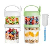 2Pack Large Overnight Oats Jars with Lids and Spoon, 560ml+360ml, Leak-Proof Cereal Cup on the Go, BPA-Free, Double Layer Dry Wet, Reusable Yoghurt Containers for School, Office, Picnic with Cup Brush
