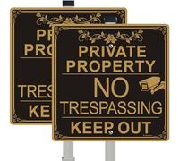2Pack Large Private Property No Trespassing Sign with 36" Tall Alloy Stake, 12" x 12" Keep Out Warning Video Surveillance Sign, Reflective Aluminum UV Protected Rust&Fade Resistant
