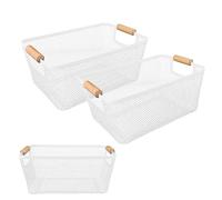 2Pack Metal Mesh Steel Basket with Bamboo Handle - Wire Metal Basket for Kitchen Organization, 12" Wide Food Organizer Bin, Perfect for Organizing Bulk Pantry (WHITE)