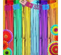 2Pack Mexican Fiesta Foil Fringe Curtains Backdrop,Cinco De Mayo Decors,3.3x6.6ft Mexican Themed Tinsel Streamers,Perfect for Spain Taco Photo Booth Props,Dia De Los Muertos Birthday Party Decors