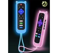 2Pack ONEBOM Cover for Roku Remote with Cat Ears Design, Silicone Skin Case Fit with Hisense/TCL Roku TV, Steaming Stick/Express, Universal Replacement Controller. Glow in The Dark,Blue/Pink