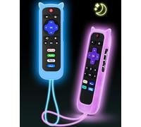 2Pack ONEBOM Cover for Roku Remote with Cat Ears Design, Silicone Skin Case Fit with Hisense/TCL Roku TV, Steaming Stick/Express, Universal Replacement Controller. Glow in The Dark, Blue/Purple