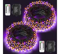 2Pack Orange Purple Fairy Lights Battery Total 20M 200 LED Halloween Lights | 8 Modes Timer Memory Dimmable IP44 Waterproof Remote Control Black Wire String Lights for Outside Garden Yard Decorations