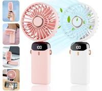 2Pack Portable Handheld Fan, 4000mAh Rechargeable Personal Fan with 5 Speeds, Hand Held/Desk/Neck Fan 3 in 1 Mini Fan with Base, LED Display Foldable Battery Operated Small Fans for Outdoor Indoor