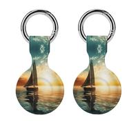 2Pack Protective Case for AirTag,Boat on The Oceanprinted Silicone Case Cover for Apple Airtag with Keychain for Key,Bag,Pet Collar