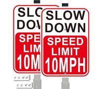 2Pack Slow Down Sign, Speed Limit 10MPH Sign with 36" Stakes, 14"×10" Reflective Aluminum, Fade Resistant/Waterproof, Including Screws, Easy to Install