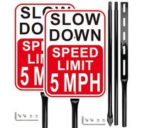 2Pack Slow Down Speed Limit 5MPH Sign with 54" Heavy Metal Stakes, 14"×10" Reflective Aluminum, Fade Resistant/Waterproof, Including Screws, Easy to Install
