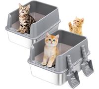 2PACK Stainless Steel Cat Litter Box, Metal Kitty Litter Box with High Sides for Small Cats,Kittens, Open Top Litter Boxes with Anti-Leak Lid,Odorless,Non-Sticky, Easy to Clean,Scoop Include