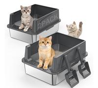 2PACK Stainless Steel Cat Litter Box with Lid, High-Sided Metal Litter Pan for Small Cats, Kitty Litter Box, Non-Stick & Odor-Resistant, Anti-Urine Leakage, Easy to Clean, Scoop Included