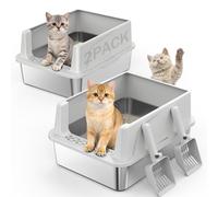 2PACK Stainless Steel Cat Litter Box with Lid, High-Sided Metal Litter Pan for Small Cats, Kitty Litter Box, Non-Stick & Odor-Resistant, Anti-Urine Leakage, Easy to Clean, Scoop Included