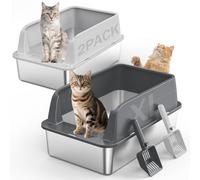 2PACK Stainless Steel Litter Box, Extra Large Litter Boxes for Big Cats, XL Metal Cat Litter Box with Lid High Sides, Anti-Urine Leakage, Non-Sticky, Scoop Included (Multi-Colored, XL)