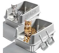 2PACK Stainless Steel Litter Box, Large Metal Cat Litter Box with High Sides Lid, Anti-Urine Leakage, Non-Sticky, Scoop and Mat Included
