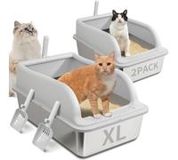 2PACK Stainless Steel Litter Box with Lid High Sides for Big Cats, 23.5" L x 15.5" W x11.8 H, Fashion Extra Large Metal Kitty Litter Boxs with Two Scoops, Leak-Proof,Odorless,Non-Stick,Easy to Clean