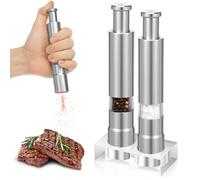 2Pack Stainless Steel Salt and Pepper Grinder Set Refillable One Handed Thumb Press Salt and Pepper Mill with Stand Modern Design Multipurpose Herb Grinder Ideal for Home, Kitchen, Outdoor