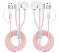 2Pack Travel Essentials,3 in 2 USB C Cable for Apple Watch Charger,iPhone Charger,Multi Charging Cable,Cruise Vacation Camping,Portable for iWatch Series 11-2/Ultra/SE & iPhone 17-12,Car,Pink-6FT