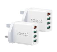 2Pack USB Plug, 40W 4-Port USB Plug Adapter UK, Multi Fast Charging Plug with Quick Charge 3.0 Wall Charger, Multi Charger Head for iPhone 17 16 15 14 13 12 11 Pro Max X XR XS 8 7 6 6S SE,iPad,Samsung