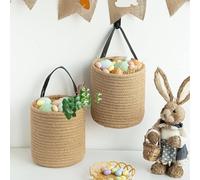 2Pack Wall Hanging Storage Baskets,Small Woven Storage Basket,Plant Basket With Handle,Cotton Hanging Baskets For Home,Bedroom,Living Room,Towels,Clothes,Small toys,Plants(Brown)