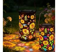 2Pack Waterproof Wrought Iron Openwork Solar Lantern,Hanging Garden Light with Sunflower Design, Waterproof Outdoor Metal Lamp for Patio, Balcony & Courtyard, Gift for Mum & Grandma (A-2Pack)