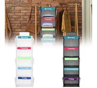 2pack Weekly Clothes Organizer for Kids 5 Shelves Day of Week Children Clothes Hanging Shelf with Side Pocket Monday to Friday Daily Clothes Closet Storage for Hats T-Shirts Bags Towels(white+grey)