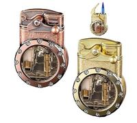 2Pack Windproof Double Flame Lighter,Vintage Steampunk Butane Lighter, Rocker Arm Ignition Lighter with Transparent Visible Gas Tank, Cool Lighter Gift for Men, Father, Husbands(C4)