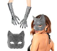 2PACK Women Diamond Fox Cat Mask Gloves Set Halloween Cat Fox Gloves Sparkly Rhinestone Masquerade Mask Ladies Cosplay Party Costume for Stage Performances Props Carnival Dance Nightclub Accessories