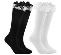 2Pair White Knee High Socks Lovely And Cute Lace Ruffle Bow Long White Socks, Opaque Bow Lace Thigh High School Stocking for Women Lolita Heiress Valentine's Day Favors(White+Black)