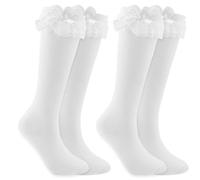 2Pair White Knee High Socks Lovely And Cute Lace Ruffle Bow Long White Socks, Opaque Bow Lace Thigh High School Stocking for Women Lolita Heiress Valentine's Day Favors(White+White)