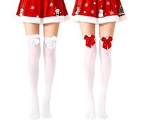 2Pairs Christmas Hold-up Stockings for Women, Opaque Thigh High Hold-Ups with Red White Bows Sexy Santa Costume Over Knee Socks Christmas Stocking Fever Dress Up for Christmas Sexy Fancy Dress
