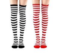 2Pairs Christmas Striped Socks, Xmas Elf Socks Long Knee High Socks Stretchy Red White Soft Black White Stripe Stocking Stuffers for Women Girls Christmas Costume Holiday Cosplay Birthday Gift