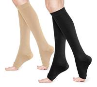 2Pairs Compression Socks for Women, Open Toe Medical Compression Stockings Support Knee High Calf 15-25mmHg Flight Compression Socks for varicose veins Nurses Running Flying Sport (X/XL Black/Beige)