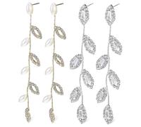 2Pairs Dangle Earrings for Women Leaf Design with Shiny Rhinestones Faux Pearls Long Tassel Linear Bridal Jewelry for Weddings Formal Events