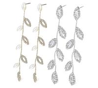 2Pairs Elegant Leaf Shaped Rhinestone and Pearl Earrings for Women Long Linear Wedding Earrings for Brides Chic Dangle Jewelry for Special Occasions