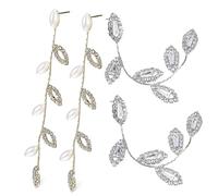 2Pairs Elegant Long Linear Rhinestone Earrings for Women Leaf Shape Dangle Earrings with Faux Pearls for Weddings Formal Events and Bridal Jewelry Included
