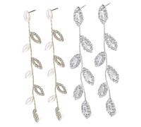 2Pairs Elegant Rhinestone Leaf Shape Dangle Earrings for Women of Long Linear Chain Wedding Earrings with Faux Pearls Bridal Jewelry