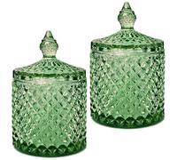 2Pc 10oz Green Glass Cotton Bud Holder Wool Pads Q Tips Candle Holder Spice Apothecary Glass Jars With Lids Vanity Dressing Table Home Bedroom Room Bathroom Accessories Set Vintage Decor Gifts Women