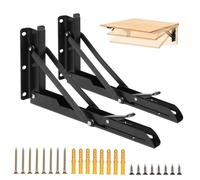 2pc 12IN Folding Shelf Brackets, Heavy Duty Collapsible Shelf Bracket Wall Mounted, Metal Foldable L Right Angle Shelves Supporter Triangle Brackets for Bench Table Shelf, Black
