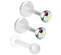 2pc 16g 1.2mm 6mm Bioflex Labret Bar Studs AB 3mm Gem Lip Rings Bioplast 6mm Piercing Jewellery 8mm + Retainer Keeper