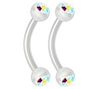 2pc 16g 1.2mm Bioplast Curved J-Curve Barbell CZ crystal AB Crystal Aurora Borealis Vertical Labret Bar 8mm