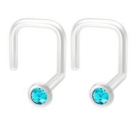2pc 1mm 18g Bioplast Nose Screw Bar Flexible Bioflex Plastic Aquamarine CZ Corskscrew Nostril Piercing Gem