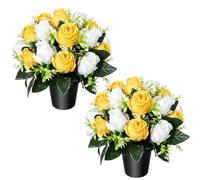 2Pc Artificial Flowers for Graves Pots Yellow White Roses Grave Flower Pots