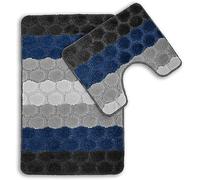 2pc Bath Mat Set Non Slip, Bath & Pedestal Mats, Hex Stripe Design For Bathroom Toilet, 2 Piece, Soft, Absorbent And Slip Resistant (Navy Blue)
