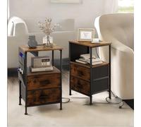 2PC Bedroom Bedside Tables With Charging Station Rustic Brown Industrial Pirlo Plush Brown One Size