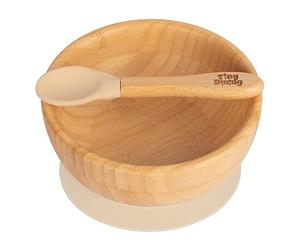 2pc Beige Children's Bamboo Dinner Dessert Cereal Bowl with Soft Tip Silicone Spoon Set - Great for Baby Toddler Weaning - Eco-Friendly Kids Food Bowls - by Tiny Dining