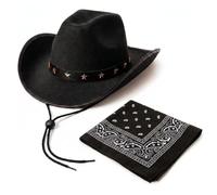 2pc Black Cowboy Hat and Bandana Set - Adult Cow Boy Hat with Star Studs and Western Cowboy Neckerchief for Wild West Fancy Dress - Adult Cow Boy Accessories for Country and Western (Black)